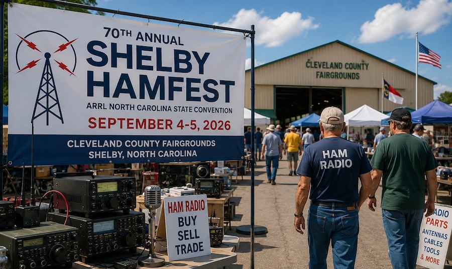 Vendors and attendees browsing outdoor tables at the Shelby Hamfest at Cleveland County Fairgrounds