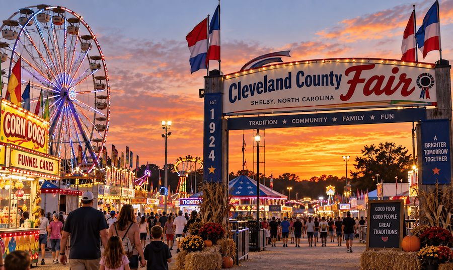 Cleveland County Fair 2026 in Shelby NC with carnival rides and Ferris wheel